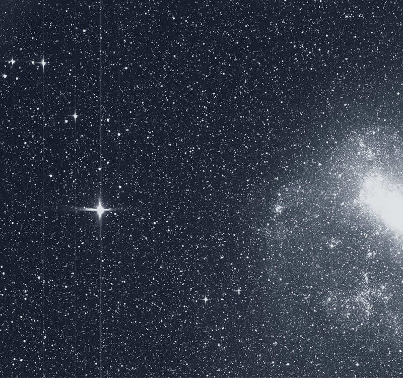 El satélite de la misión TESS tomó esta instantánea de la Gran Nube de Magallanes (derecha) y la brillante estrella R Doradus (izquierda) con un solo detector de una de sus cámaras el martes 7 de agosto. Image Credit: NASA/MIT/TESS