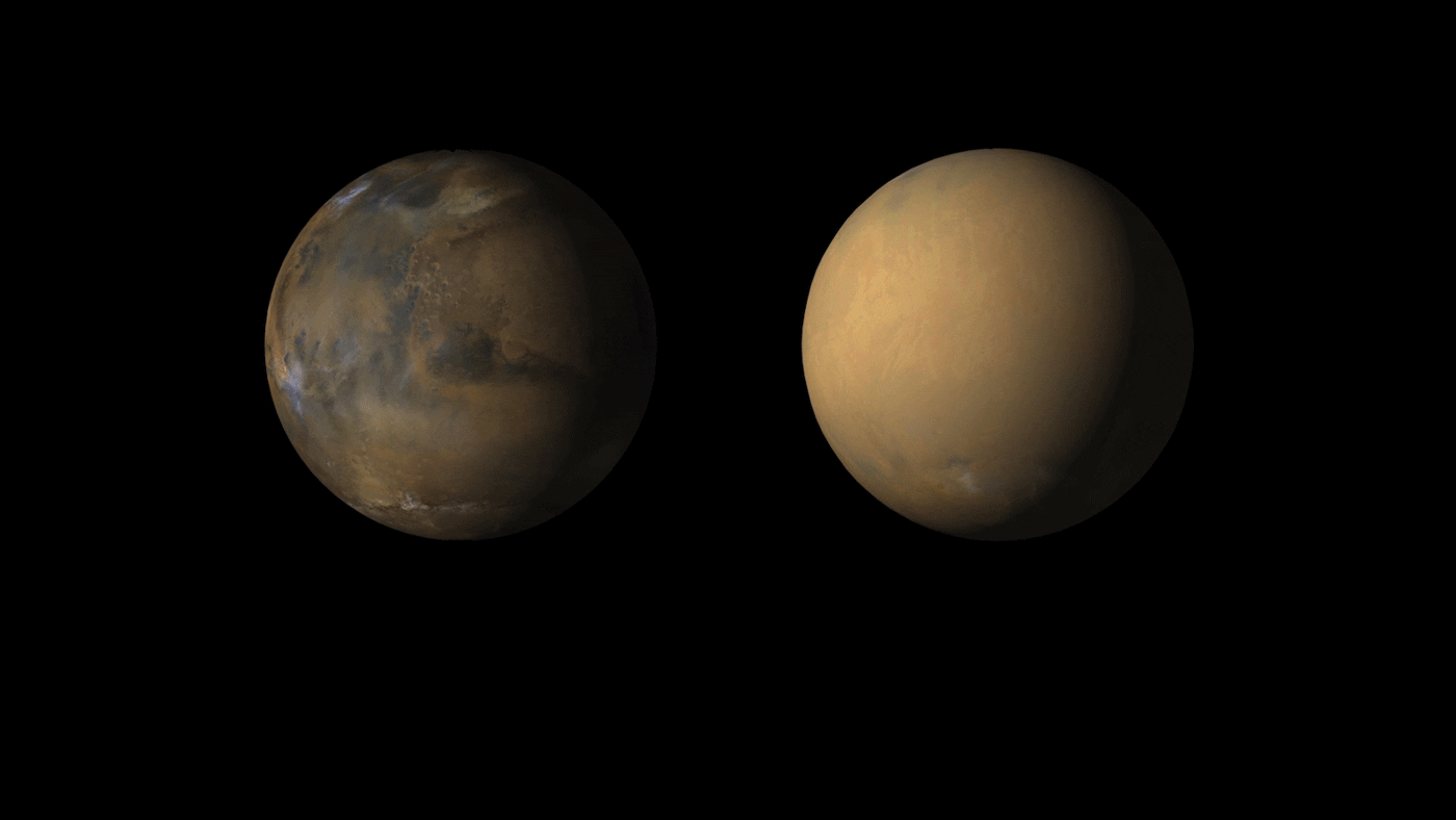 En estas dos imágenes se muestra como quedó Marte tras la tormenta global de polvo que afectó al Planeta Rojo en 2018. Crédito de la imagen: NASA/JPL-Caltech/MSSS
