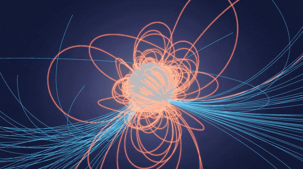 Simulation of a possible quadripole magnetic field configuration for a pulsar with hot spots in only the southern hemisphere. Credits: NASA's Goddard Space Flight Center