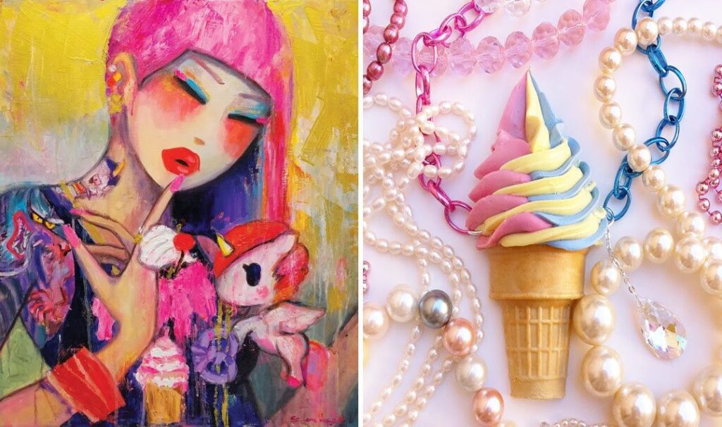 L-R: Simone Legno’s "Feed Me" (acrylic on canvas, 23.9" x 19.7") & ONCH’s Rainbow Swirl Cone necklace