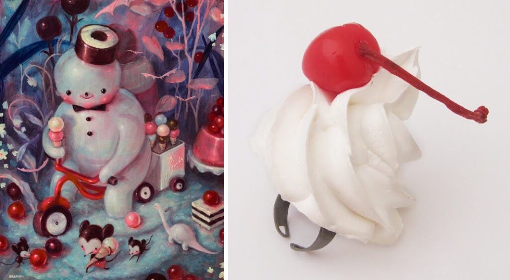 L-R: Brandi Milne’s "Happy Sweet Sequester Days" (acrylic on panel, 24" x 18") & ONCH’s Whip Cream Ring with a Cherry on Top!
