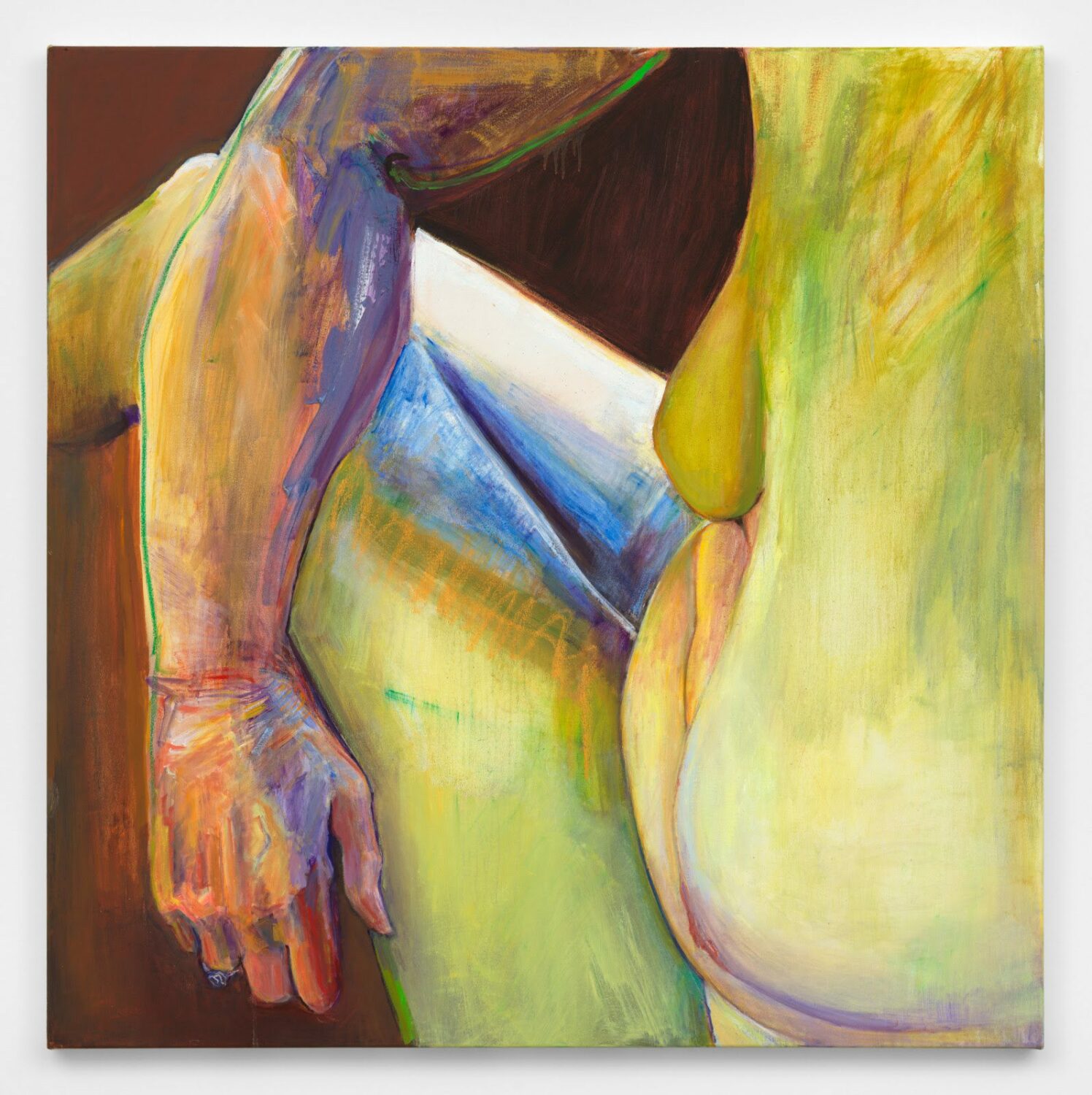 Joan Semmel, Armed, 2020, oil on canvas, 48h x 48w x 1 1/2d in (121.9h x 121.9w x 3.8d cm)