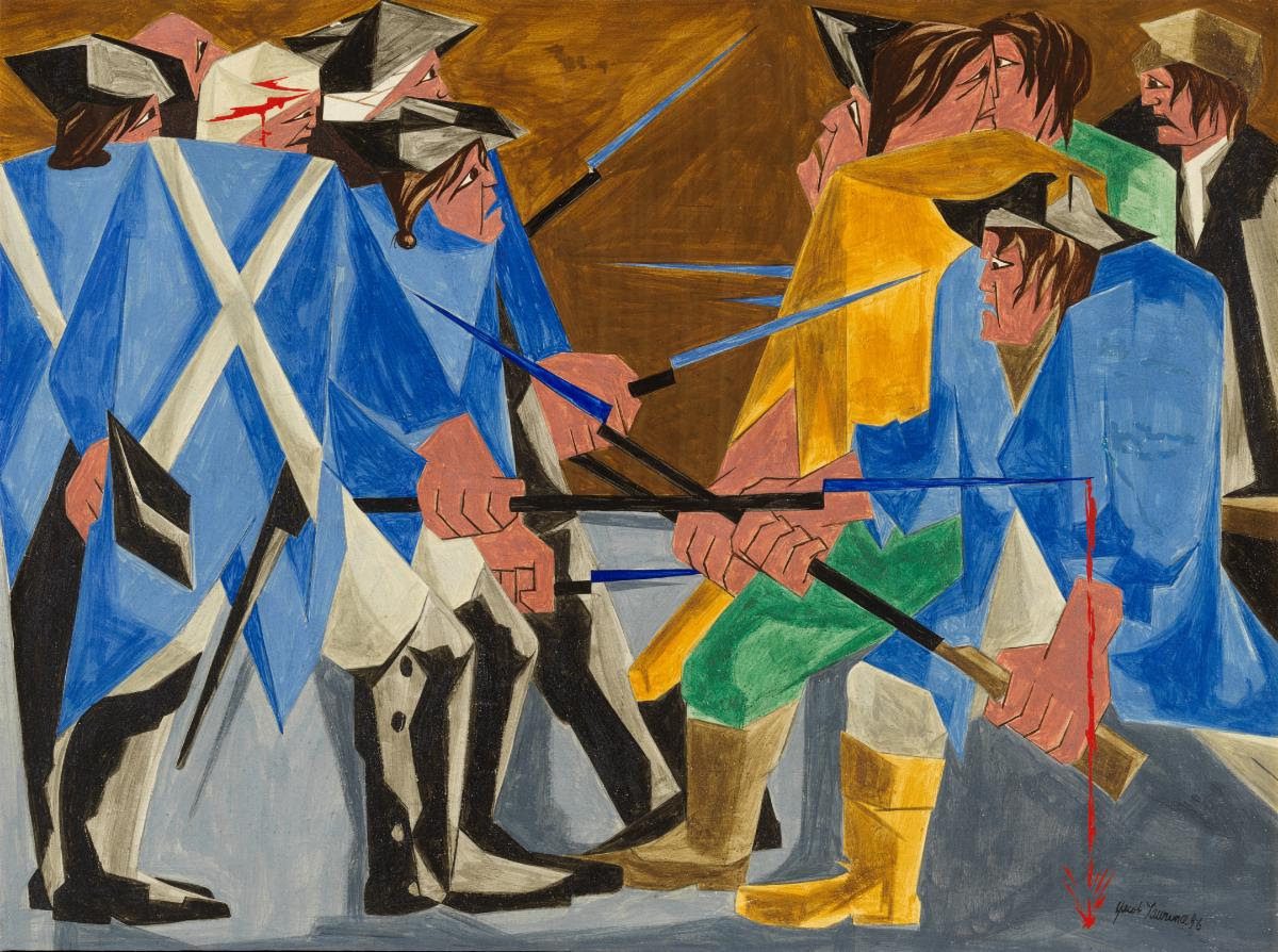 Jacob Lawrence, (American, 1917–2000). There are combustibles in every State, which a spark might set fire to. —Washington, 26 December 1786, Panel 16, 1956, from Struggle: From the History of the American People, 1954–56. Egg tempera on hardboard. Private Collection. © The Jacob and Gwendolyn Knight Lawrence Foundation, Seattle/Artists Rights Society (ARS), New York. Photo by Anna-Marie Kellen.