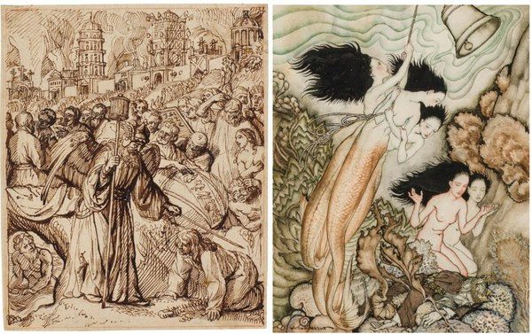 (l.) Rembrandt School (Dutch, 17th Century), The Angel Saves Lot and His Family, c. 1660. Pen and brown ink on buff paper, red chalk framing lines. 159 x 129 mm. (r.) Arthur Rackham (British 1867-1939). The Tempest, 1925. Pen and ink with watercolor, 11.5 x 9.5 inches.