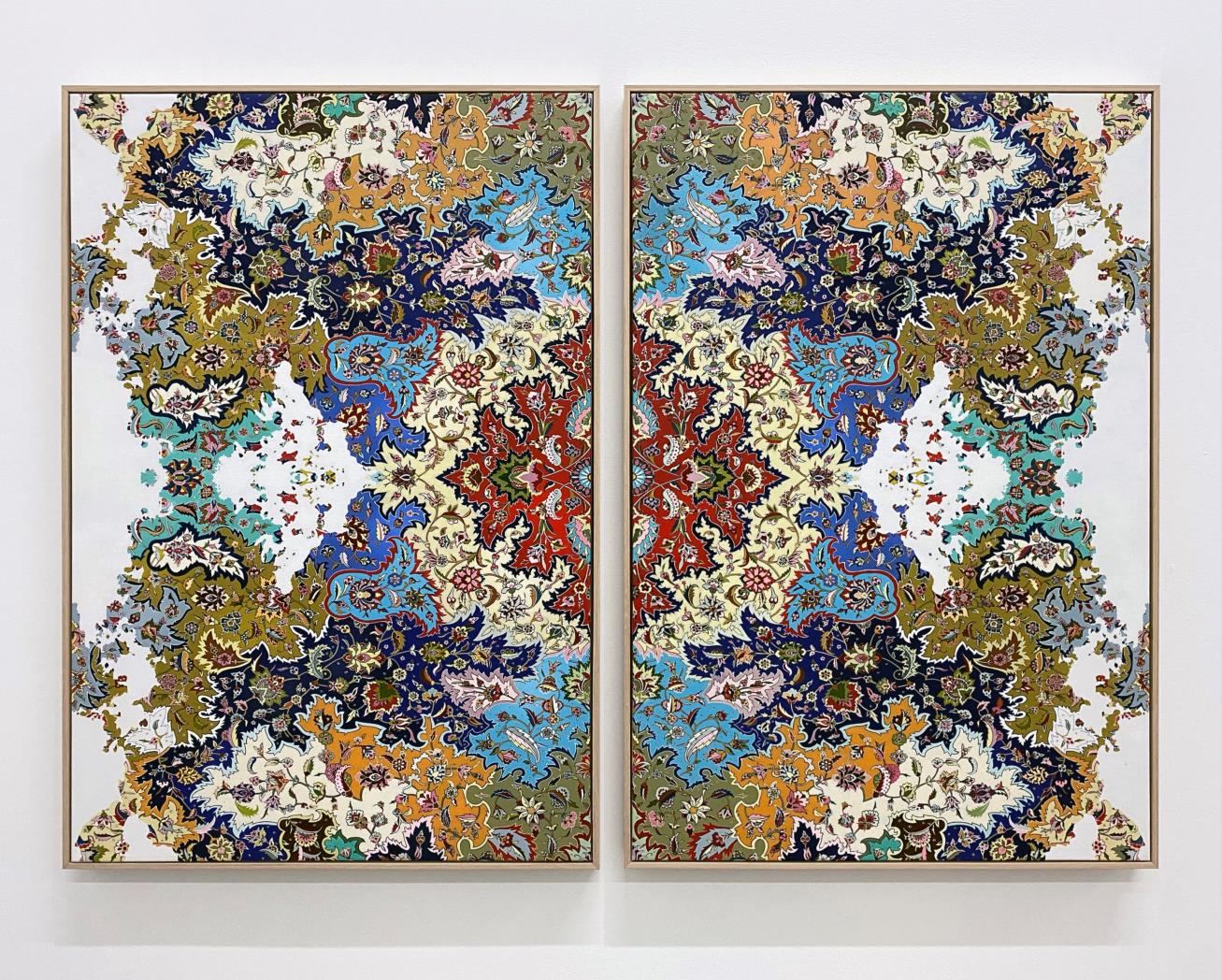 Jason Seife, Circle Takes the Square , 2020 , Oil and acrylic on canvas , 96.5 x 66 cm each, 96.5 x 142 cm total , courtesy the artist and Unit London
