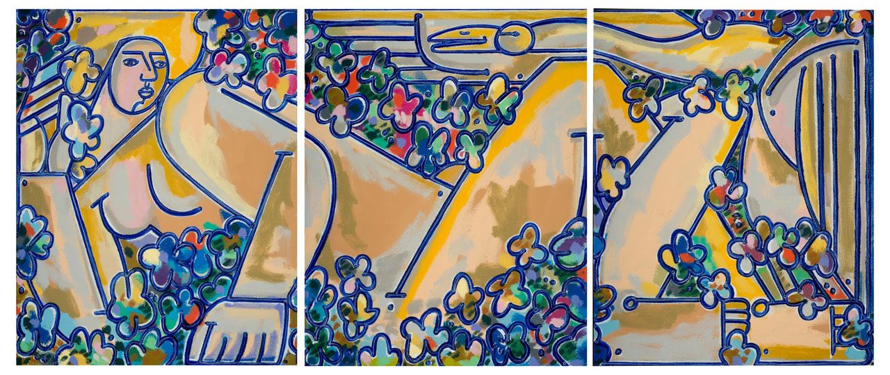 America Martin. Lidia and Swan (Triptych). Oil + Acrylic on Canvas. 54.5 x 130.5 inches