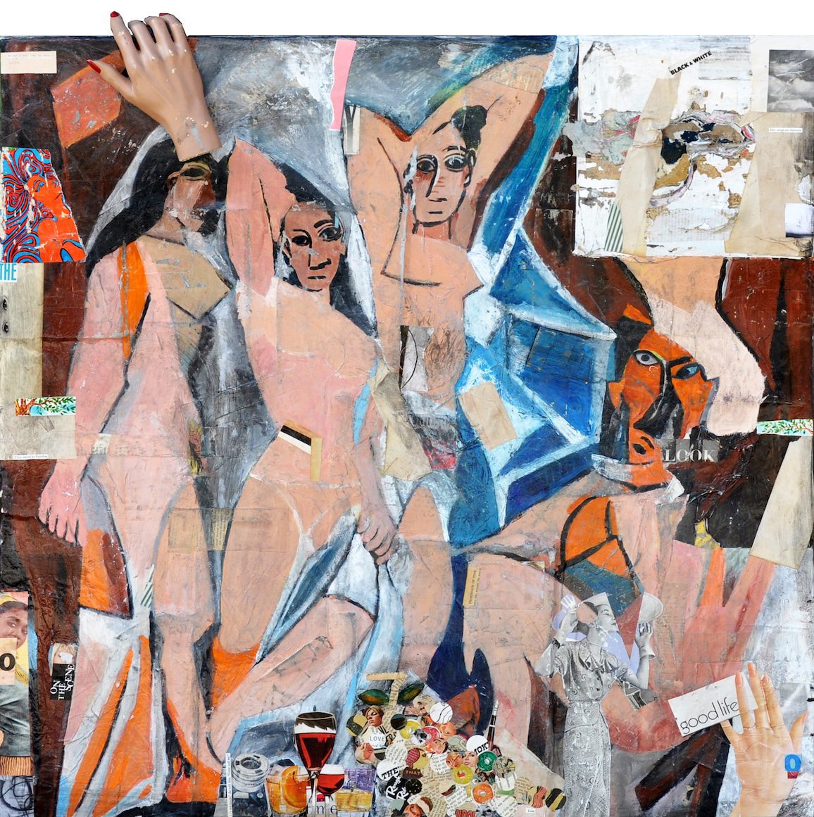 Greg Miller. Les Demoiselles. Acrylic Paint, Spray Paint, Collage Paper on Panel. 36 x 36 inches