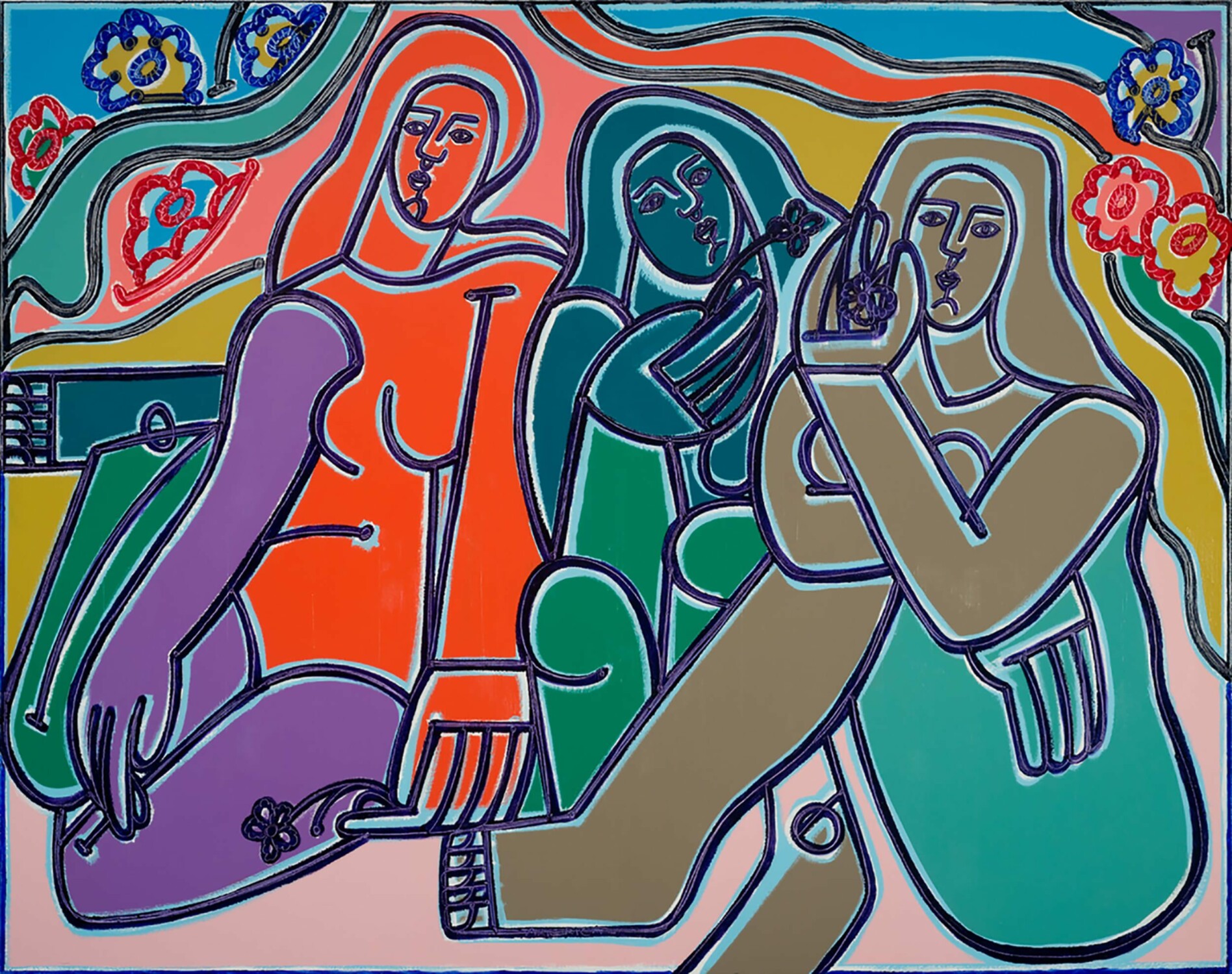 America Martin. Homage to Gauguin Women. Oil + Acrylic on Canvas. 60 x 75 inches