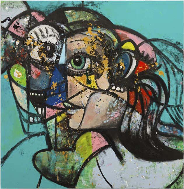George Condo, Up Against The Wall, 2020 Acrylic, pigment stick and metallic paint on linen 208.3 x 203.2 x 3.5 cm / 82 x 80 x 1 3/8 in © George Condo. Photo: Genevieve Hanson