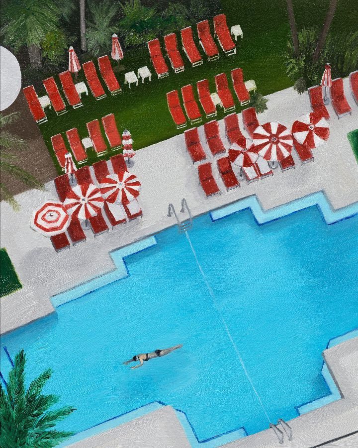 Evie O'Connor, Faena Pool, 2021. Oil on panel, 25.5 x 20.5 cm. / 10 x 8 in. Courtesy the artist and Taymour Grahne Projects