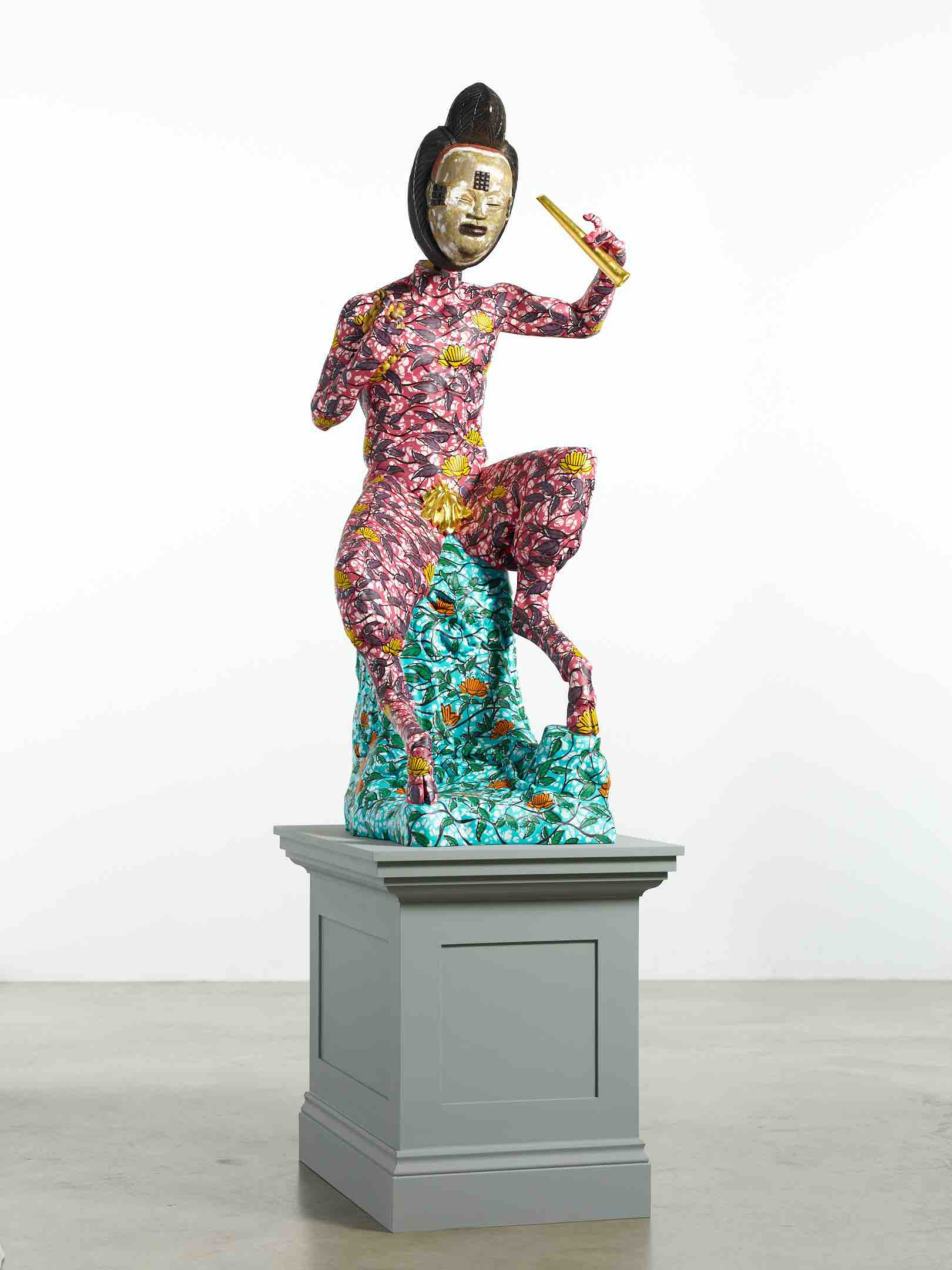 Yinka Shonibare CBE, 'Pan', 2020. Classical sculpture, Figure: 156 x 65 x 68cm (61 3/8 x 25 5/8 x 26 3/4in). Plinth: 70 x 60 x 87.5cm (27 1/2 x 23 5/8 x 34 1/2in). Overall: 226 x 65 x 87.5cm (89 x 25 5/8 x 34 1/2in). Copyright Yinka Shonibare CBE. Courtesy the artist and Stephen Friedman Gallery, London. Photo by Stephen White & Co.