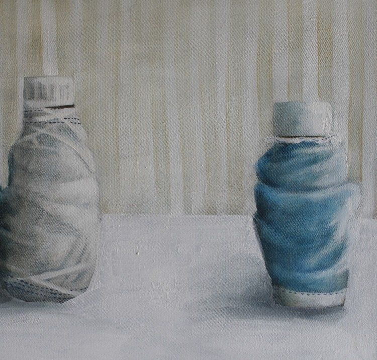 Miriam McConnon, Masked Medicine Bottles III, oil on canvas, 35x35cm