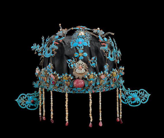 Lot 32  A Kingfisher, Pearl and Ruby-Inset Headdress  19th Century  Estimate: HK$40,000-60,000  Sold for: HK$202,500  **Five times the estimate**