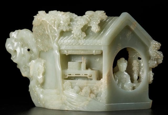 Lot 46  An Extremely Rare Pale Green Jade 'Romance of The Western Chamber' Openwork Boulder  Qianlong  Sold for: HK$3,502,500