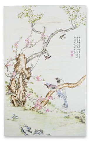 Lot 42  A Famille Rose 'Magpies and Prunus' Plaque  Republic Period  Estimate: HK$50,000-80,000  Sold for: HK$227,500  **Over four times the estimate**