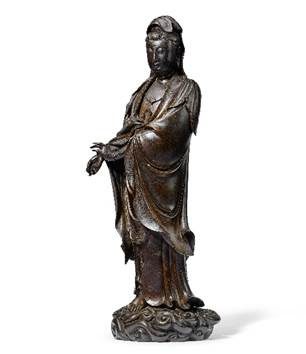 A Rare and Large Silver-Inlaid Bronze Figure of Guanyin, 16th/17th Century. Estimate: HK$3,500,000-4,500,000