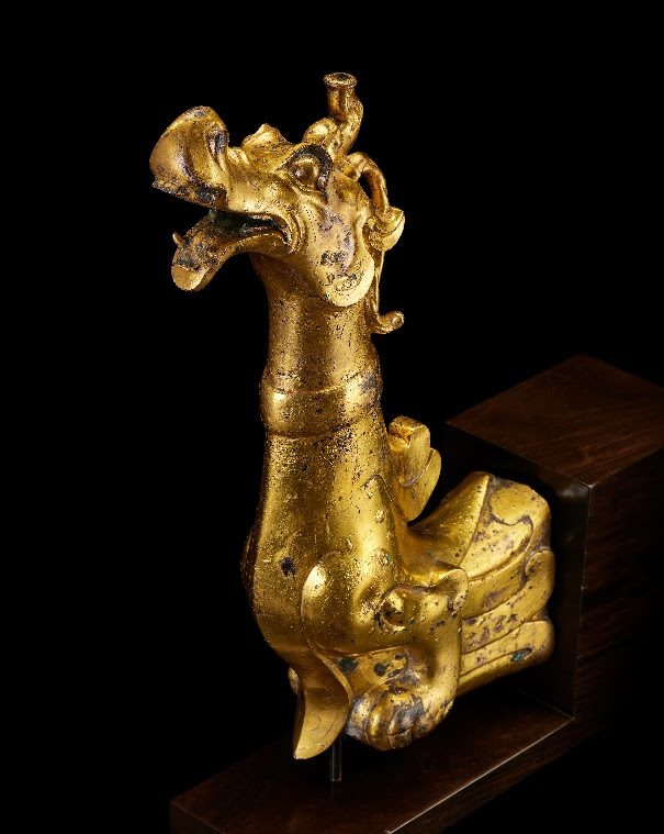Important and Very Rare Large Gilt-Bronze ‘Dragon’ Terminal, Han Dynasty