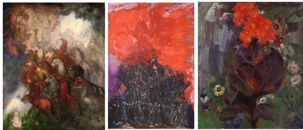 Left to right: Boris Izrailevich Anisfeld (Russian, 1879-1973), 'Dreams'. Estimate: £50,000 - 70,000. Boris Izrailevich Anisfeld (Russian, 1879-1973) 'Rhapsody II'. Estimate: £80,000 - 100,000. Boris Izrailevich Anisfeld (Russian, 1879-1973), Black Knight canna lily with pansies. Estimate: £25,000 - 35,000.