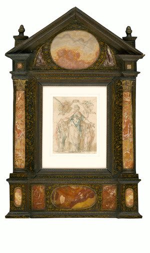 Bartholomeus Spranger, Saint Ursula, c. 1583, Pen and brown ink over traces of black chalk with pink and teal watercolor washes in a Venetian ca. 1590 aedicule frame.
