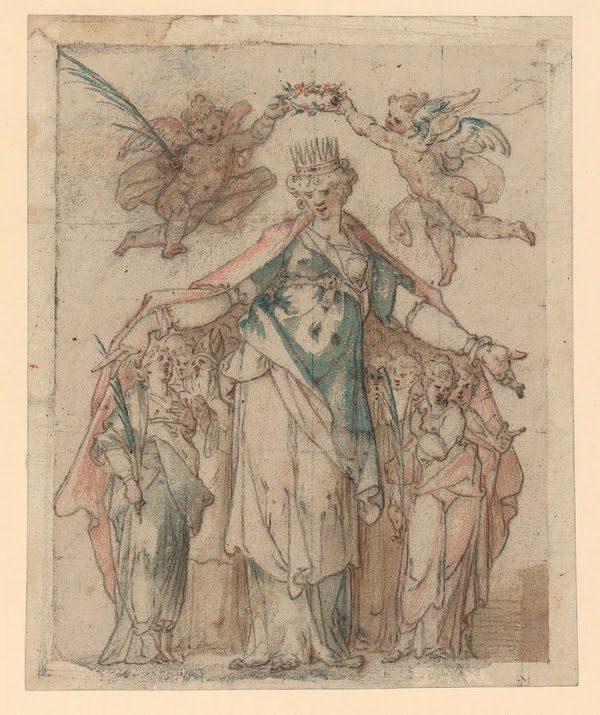 Bartholomeus Spranger, Saint Ursula, c. 1583, Pen and brown ink over traces of black chalk with pink and teal watercolor washes in a Venetian ca. 1590 aedicule frame.