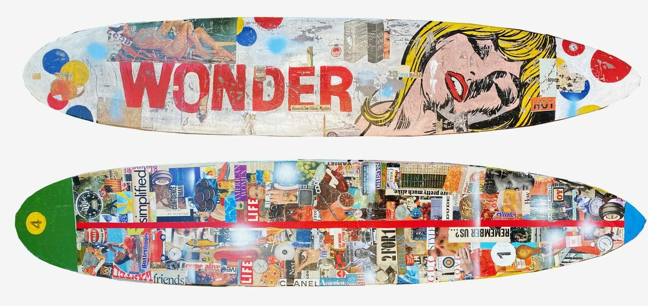 GREG MILLER Wonder Acrylic, Collage, Resin on Reclaimed Surfboard 109 x 20 x 2 inches