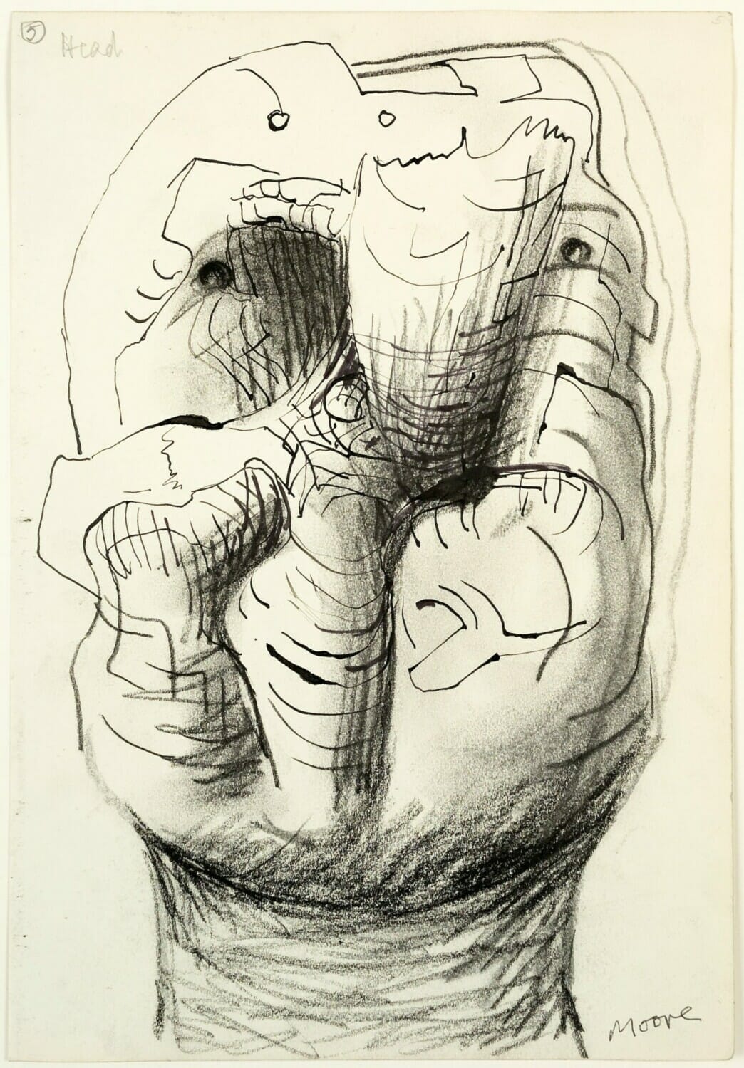 Henry Moore  Idea for Sculpture: Head 1969, 1977 Charcoal, ink and chinagraph on paper 25.4 x 17.6 cm / 10 x 6 7/8 in © The Henry Moore Foundation / DACS, London Courtesy Henry Moore Family Collection and Hauser & Wirth Photo: John Jones