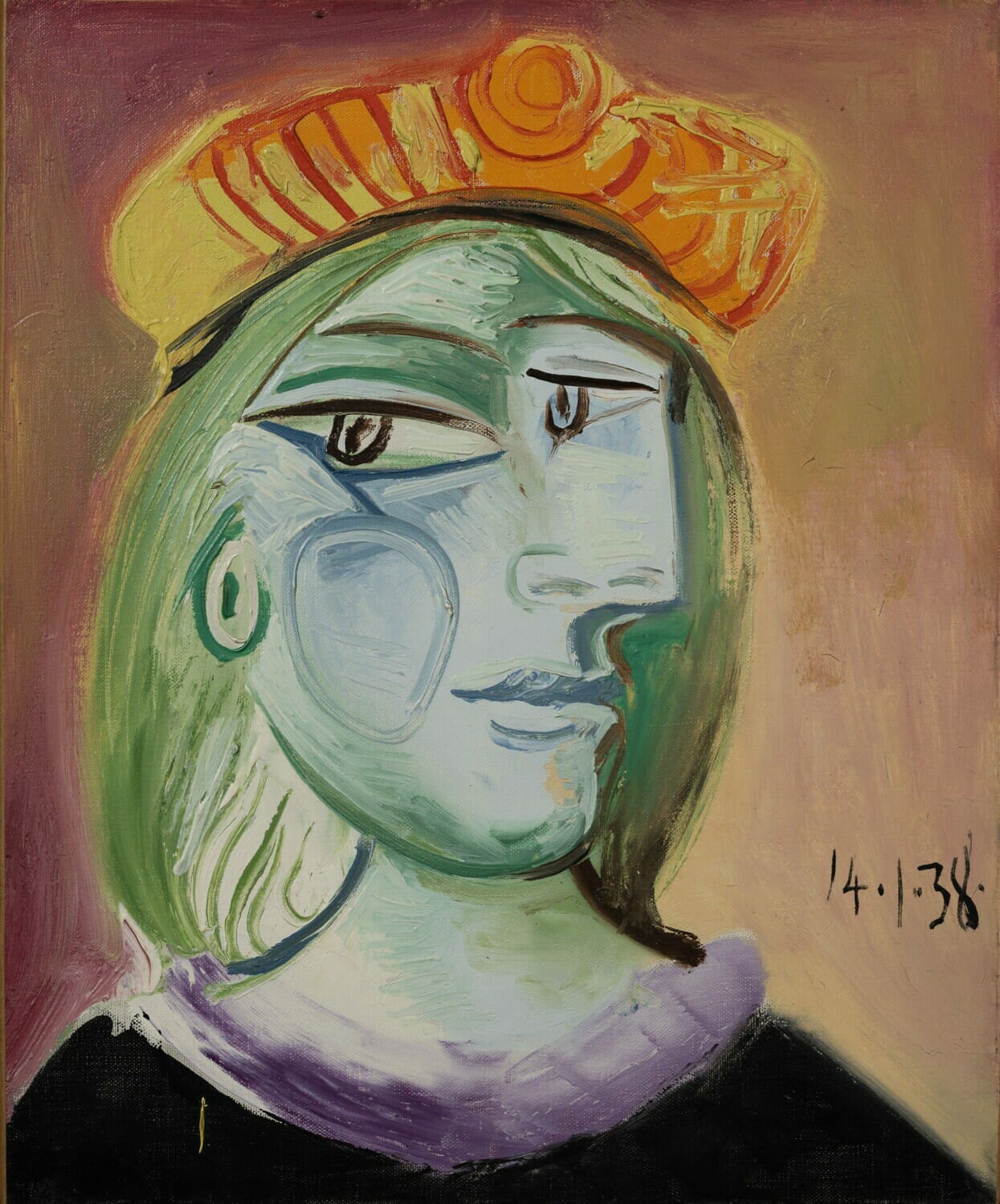 Pablo Picasso  Femme au béret rouge-orange  Painted January 14, 1938  Oil and ripolin on canvas  Estimate $20/30 million  © 2021 Estate of Pablo Picasso / Artists Rights Society (ARS), New York