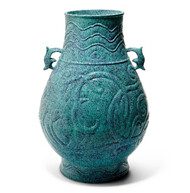 A magnificent and rare 'robin's-egg' glazed archaistic hu-shaped two-handled vase, Qianlong six-character, impressed seal mark and of the period  Estimate: US$400,000-600,000