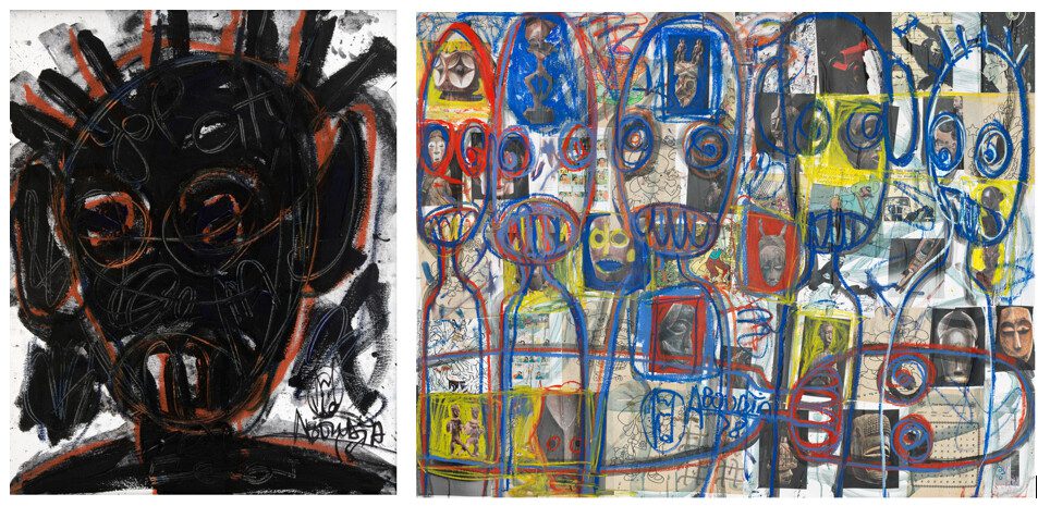 Left: Aboudia Abdoulaye Diarrassouba (Ivorian, Born 1983), Noutchy Graffiti, 2020. Estimate: £18,000 - 25,000.   Right: Aboudia Abdoulaye Diarrassouba (Ivorian, Born 1983), Untitled, 2016. Estimate: £10,000 - 15,000.