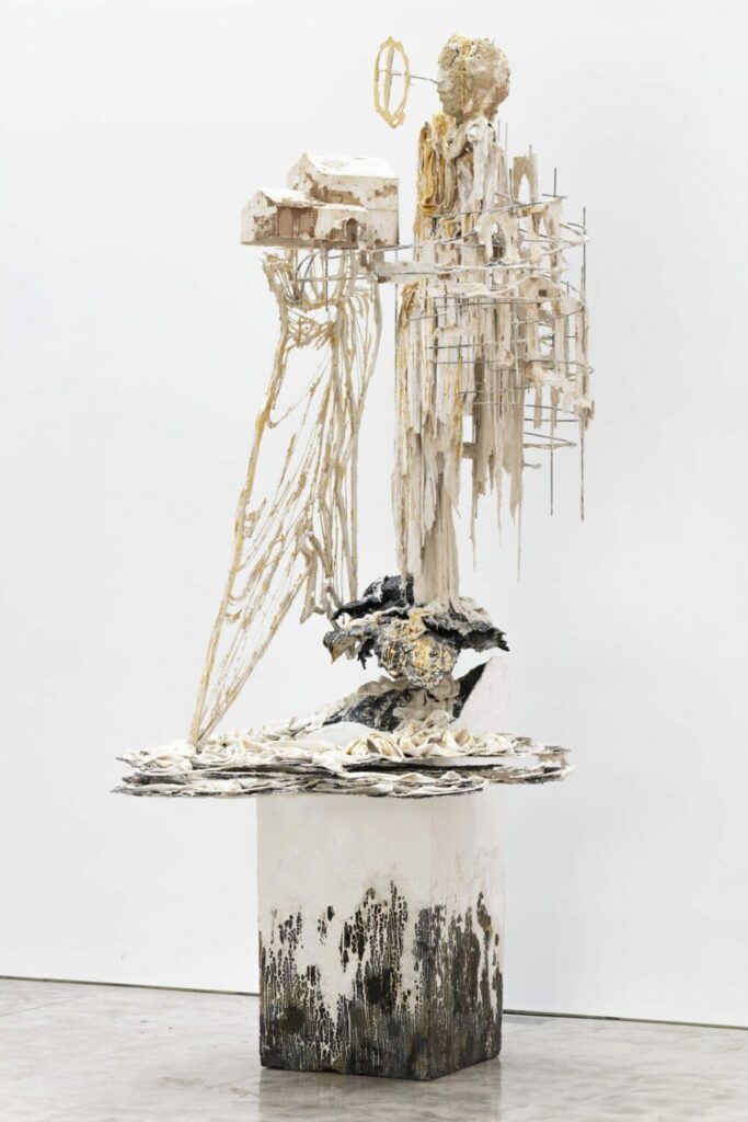 Diana Al-Hadid, Head in the Clouds, 2014, polymer gypsum, fiberglass, steel, polystyrene, wood, clay, gold leaf, pigment, 130 x 56 x 50 inches, 330.2 x 142.2 x 127 cm.