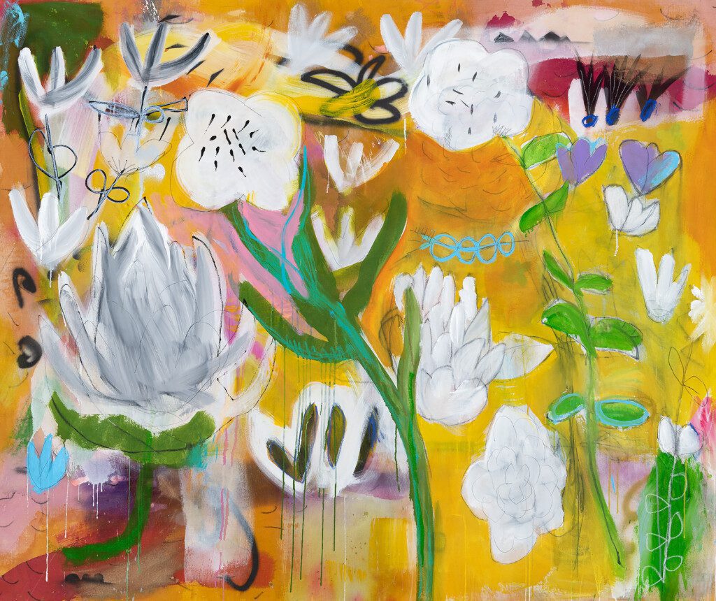 JANE BOOTH Right Now in the Flower Garden Acrylic, House Paint, Spray Paint, Sumi Ink, Watercolor Crayons on Canvas 64 x 78 inches
