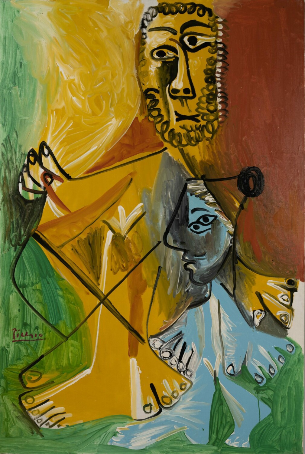 Pablo Picasso  Homme et enfant  Painted on July 4, 1969.  Oil and ripolin on canvas  Estimate $20/30 million  © 2021 Estate of Pablo Picasso / Artists Rights Society (ARS), New York