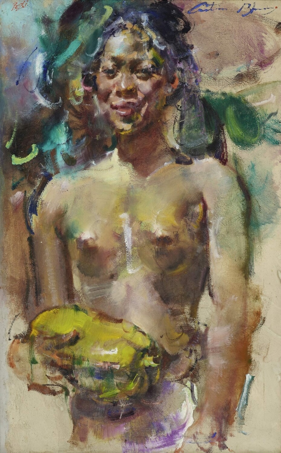 Antonio Blanco (American-Indonesian, 1912-1999) Woman Bearing Fruit (link) 1970s, oil on canvas 41 x 32 cm Estimate: HK$ 240,000 – 380,000