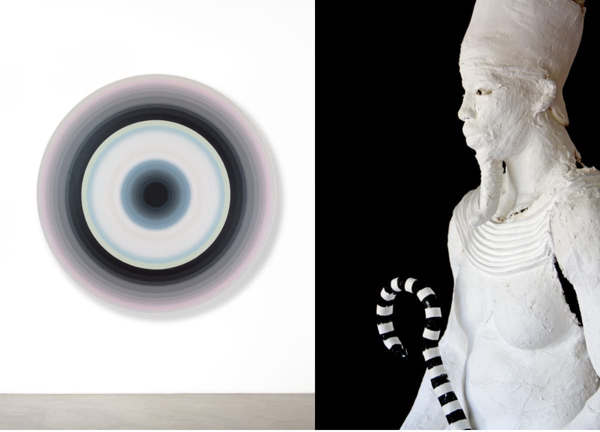 Left: Gary Lang, WHITECIRCLE 3, 2019, acrylic on canvas, 54 in. diameter. Right: Karon Davis, He Who Floods the Nile, 2019, plaster cloth, wire, glass eyes, my hair weave, brass beads, gold leaf, black glitter, raw frankincense, wood base, prayers, 85 x 32.5 x 32.5 in.