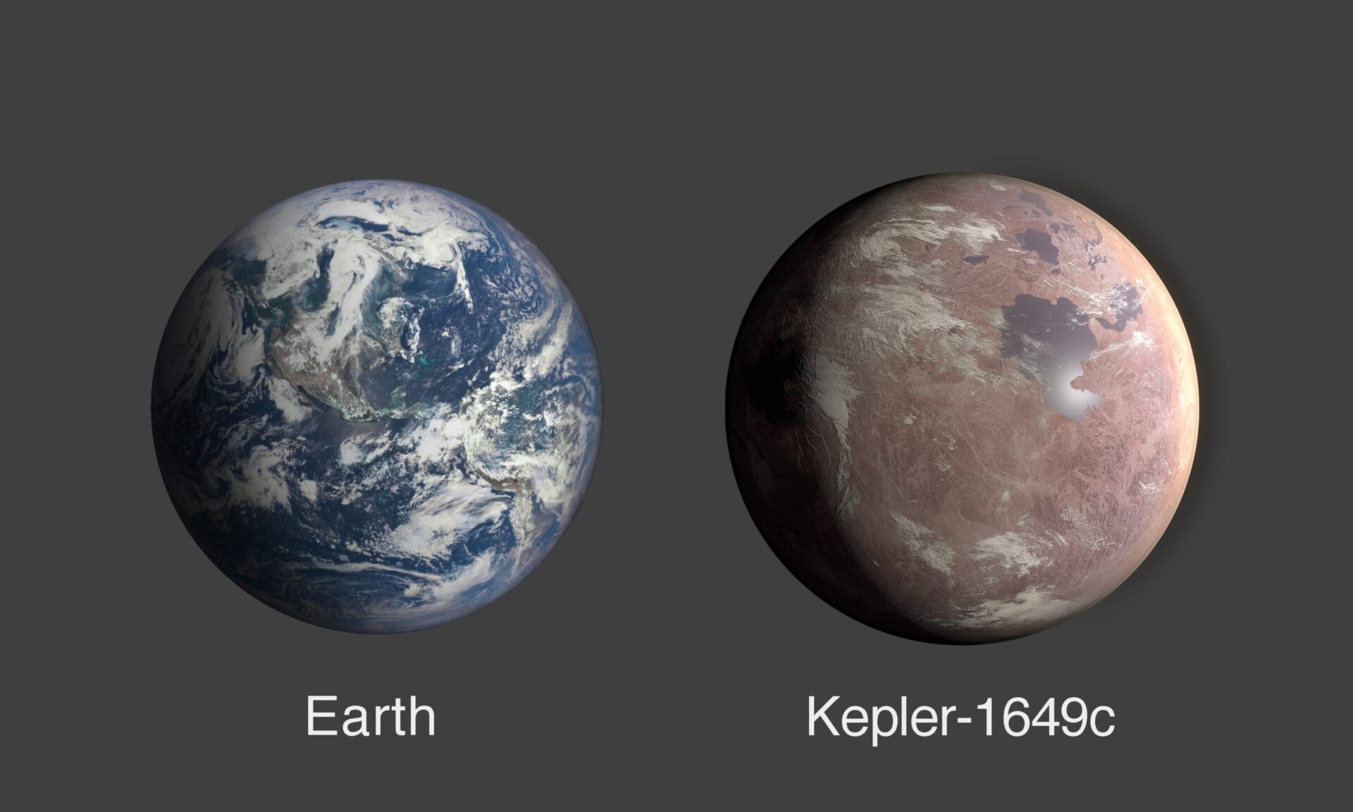A comparison of Earth and Kepler-1649c, an exoplanet only 1.06 times Earth's radius Credits: NASA/Ames Research Center/Daniel Rutter
