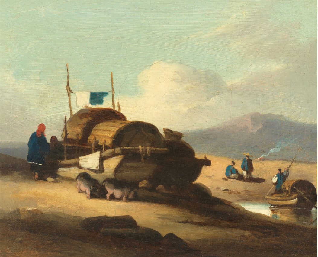 A Tanka boat dwelling with Tanka boatwomen and pigs, Macau, by George Chinnery. Estimate: £15,000-20,000