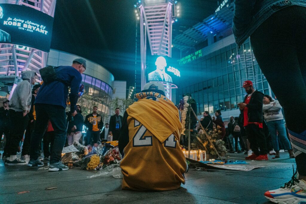 Fan's mourn Kobe Bryant's death at a vigil at Staples Center on January 26th, 2020.. Photo by Freddy Kearney Avatar of user Freddy Kearney Freddy Kearney @fredasem