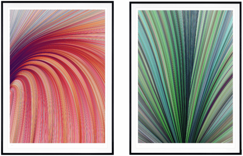 L: "Downward Force - Fall" (ballpoint pen – original on 100% cotton somerset tub sized 420gsm, 56" x 40.5") R: "Rise and Fall - Spring" (ballpoint pen – original on 100% cotton somerset tub sized 420gsm, 56" x 40.5")