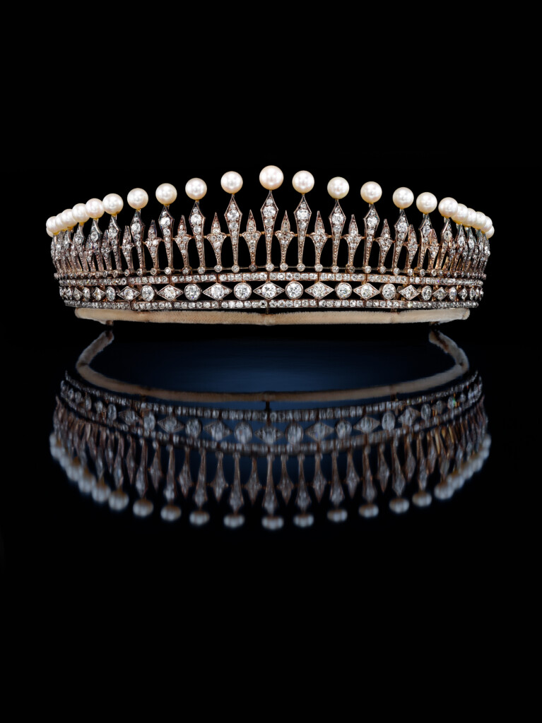 A cultured pearl and diamond tiara, early 20th century, Tiaras exhibition at Sotheby’s, June 2022