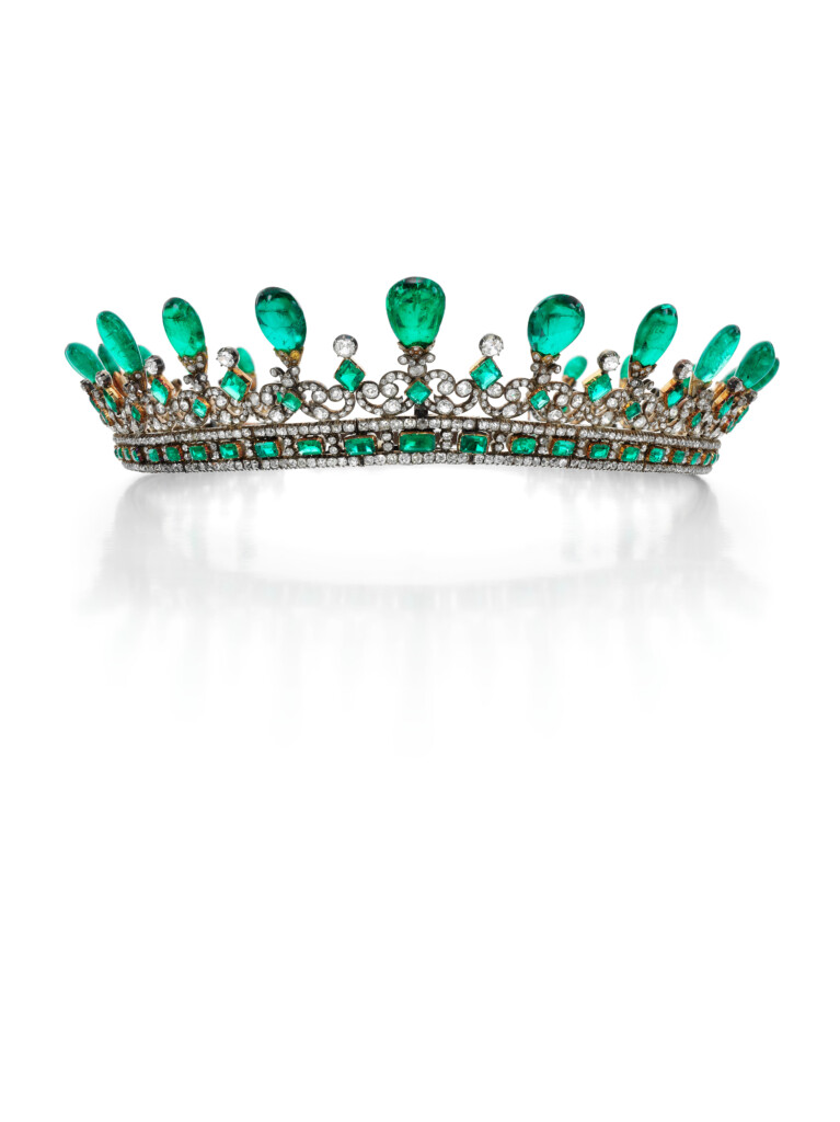 An historically important emerald and diamond diadem, Joseph Kitching, 1845, Tiaras exhibition at Sotheby’s, June 2022