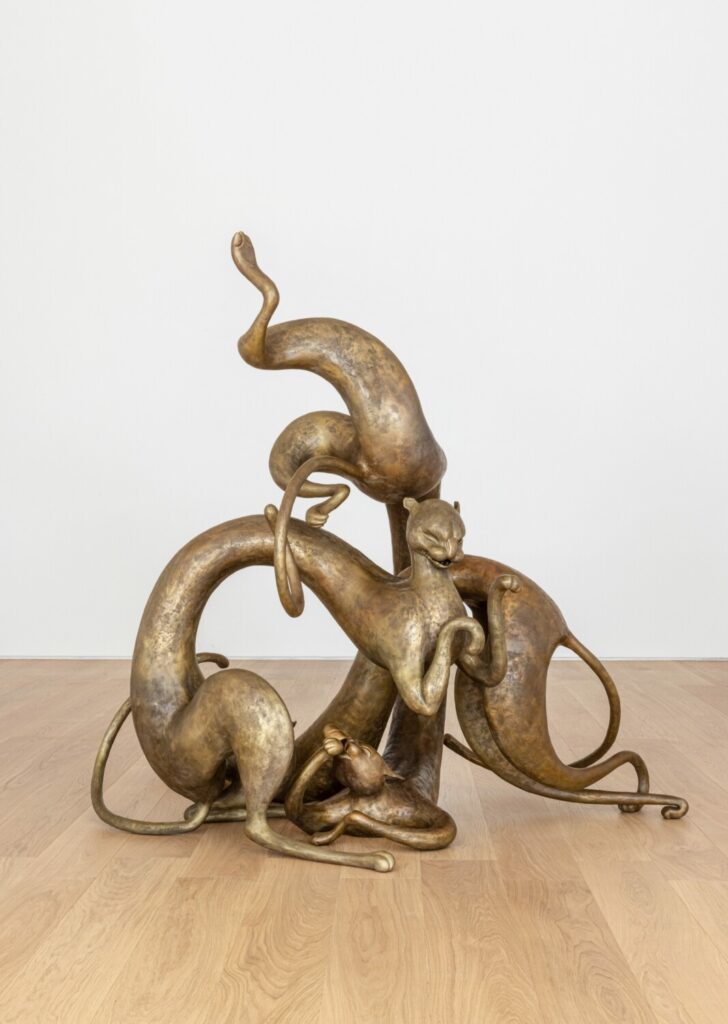 Strange Loop, 2021. Ferric nitrate patina on bronze, three figures. Overall (approximate) : 70 7/8 × 63 × 51 3/16 inch | 180 × 160 × 130 cm. Grumpy Cat : 37 3/8 × 28 3/8 × 52 3/4 inch | 95 × 72 × 134 cm. Happy Cat : 30 11/16 × 75 9/16 × 24 7/16 inch | 78 × 192 × 62 cm. Sleepy Cat : 70 7/8 × 23 5/8 × 43 5/16 inch | 180 × 60 × 110 cm. Edition 1 of 7 + 1 artist proof. Courtesy of the artist, Perrotin, and Altman Siegel, San Francisco.