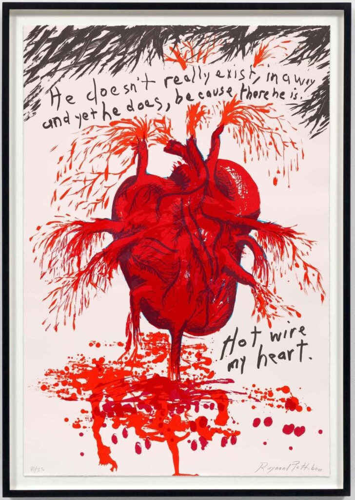 Raymond Pettibon  No Title (He doesn’t really…), 2022  Seven-color lithograph on Rives BFK paper  45 5/8 × 30 5/8 inches  115.9 × 77.8 cm  Edition of 35, 10 AP, 4 PP, 1 BAT  Signed, dated, and numbered recto   Printed by Derriere L’Etoile Studios, New York   Published by Utopia Editions
