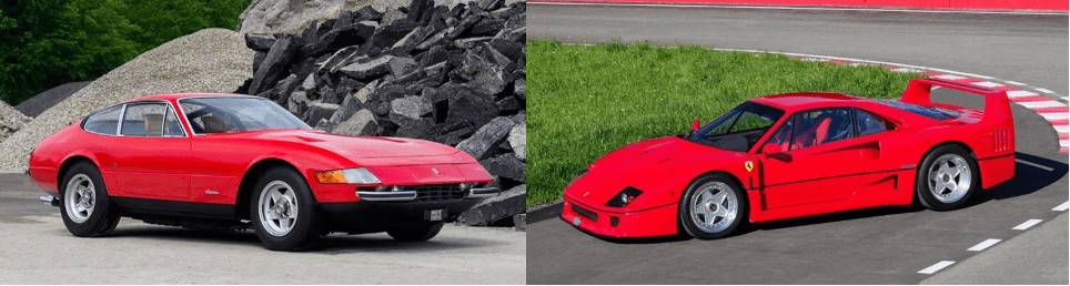 L-R, 1972 Ferrari 365 GTB/4 ‘Daytona’ Berlinetta, estimate CHF550,000 – 750,000; 191 Ferrari F40, estimate CHF 1,600,000-2,000,000