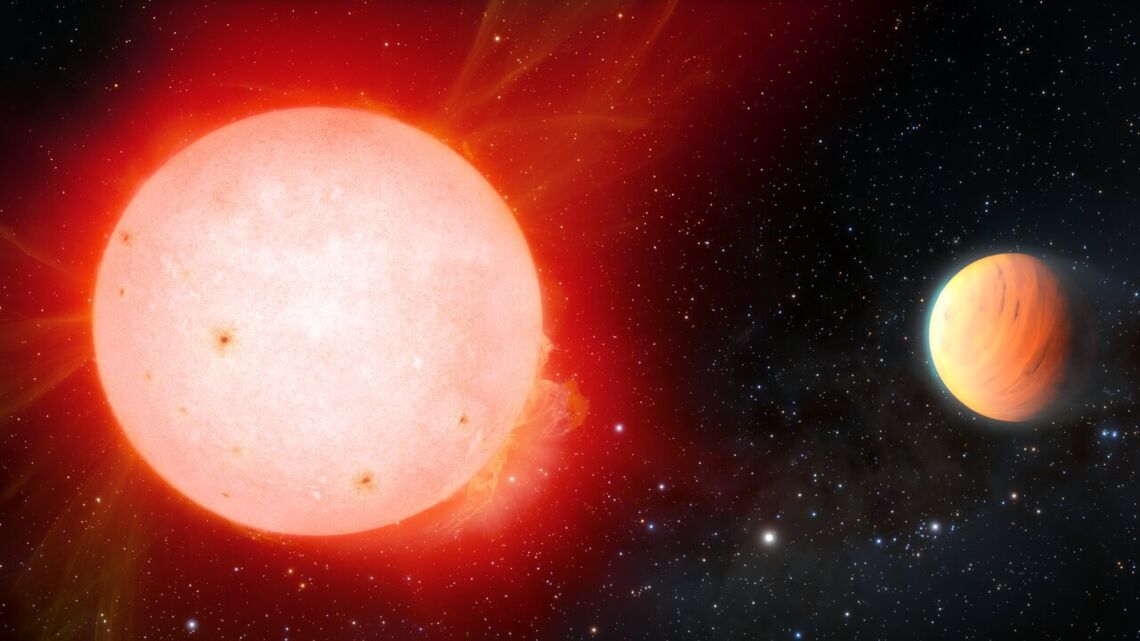 Concepto artístico del planeta gaseoso ultra esponjoso orbitando una estrella enana roja. Créditos: NOIRLab/NSF/AURA/J. da Silva/Spaceengine/M. Zamani