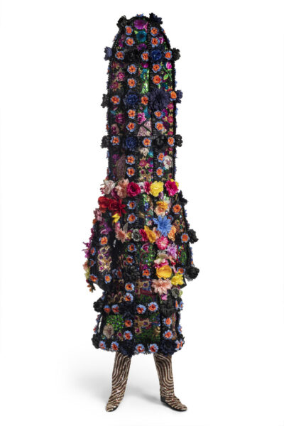 Nick Cave, Soundsuit 9:29, 2021. Mannequin and found textiles, with metal, plastic sequins, and buttons, 98 × 33 × 22 in. Courtesy the artist and Jack Shainman Gallery, New York. © Nick Cave