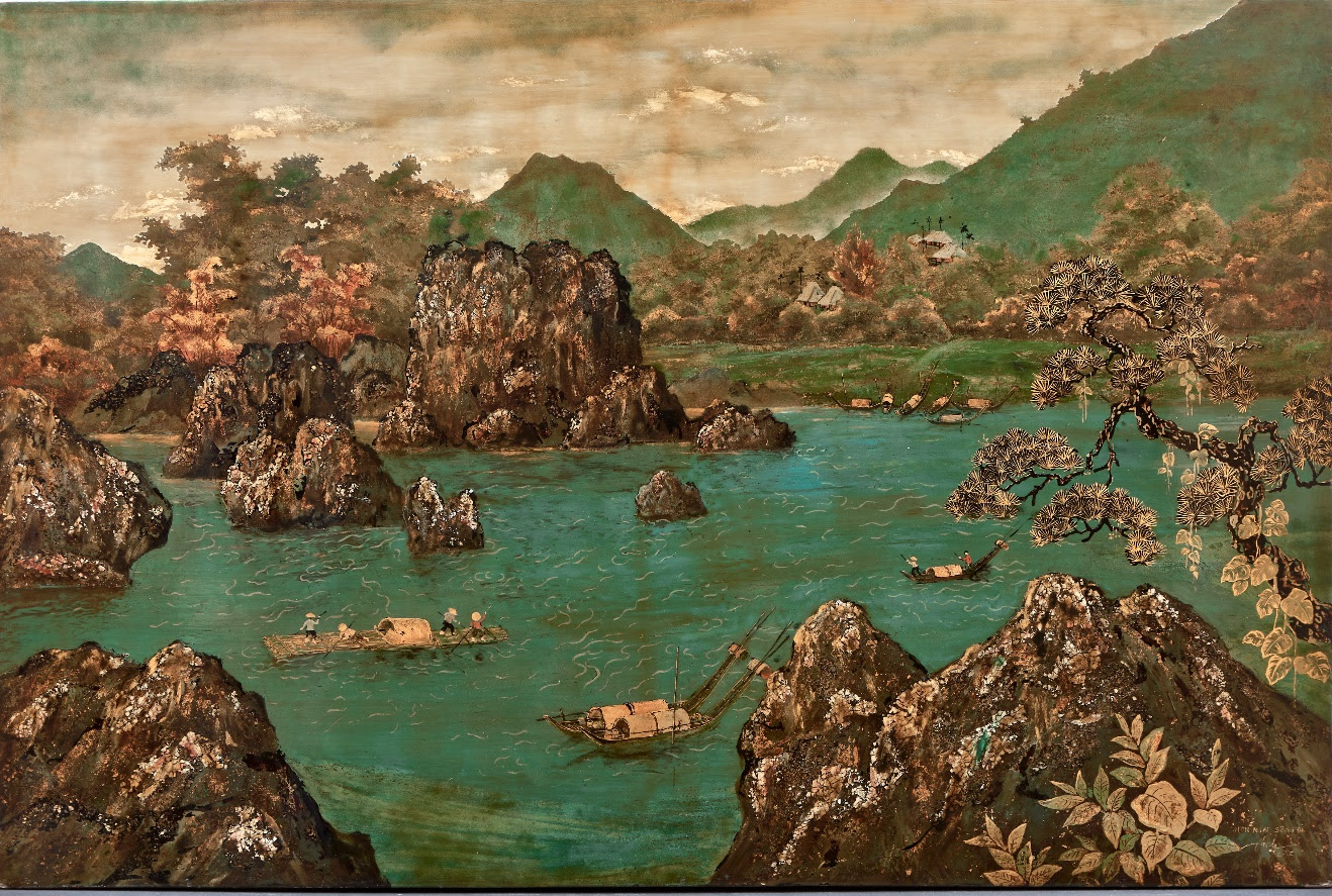 Hoang Tich Chu (1912-2003) Vue du delta du fleuve Rouge, 1985, Laque et feuille d'or sur panneau en bois 70 x 100 cm Estimation : 15 000-20 000€