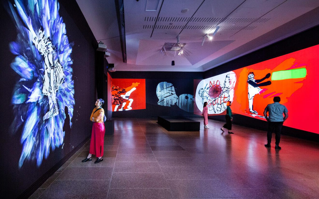 Installation view: Nalini Malani: Gamepieces, featuring Can You Hear Me? by Nalini Malani, Art Gallery of South Australia, Adelaide, photo: Saul Steed.