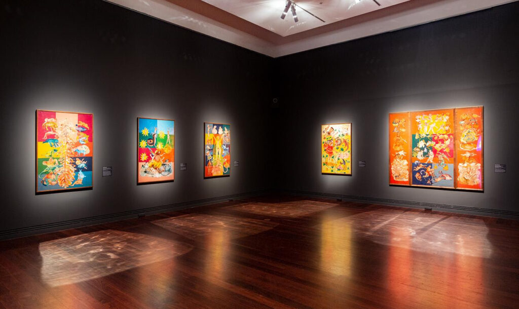 Installation view: Nalini Malani: Gamepieces, Art Gallery of South Australia, Adelaide, photo: Saul Steed.