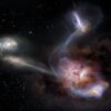 Interpretación artística de W2246-0526, la galaxia conocida más luminosa del Universo, y sus tres compañeras. Crédito: NRAO/AUI/NSF, S. Dagnello