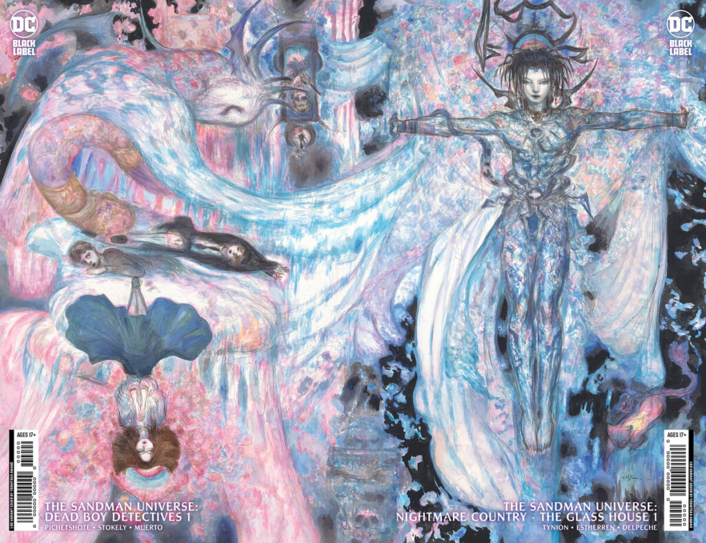 Sandman Universe: Dead Boy Detectives #1 and The Sandman Universe: Nightmare Country – The Glass House connecting foil variant covers by Yoshitaka Amano